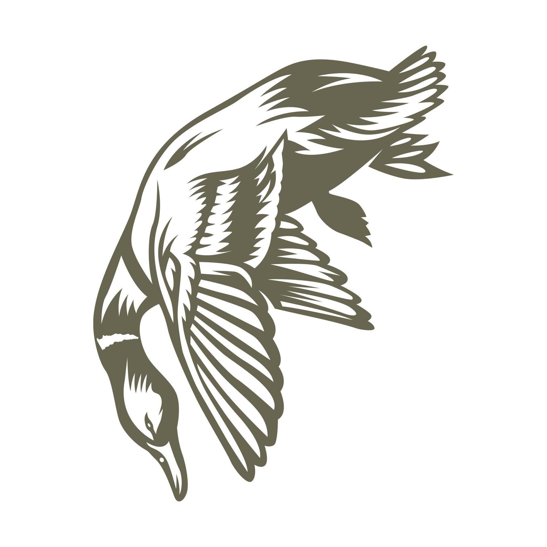 Delrin leather stamp design of a duck falling from the sky after being shot, wings extended and body angled downward—perfect for bird hunting and outdoors-themed leather projects.