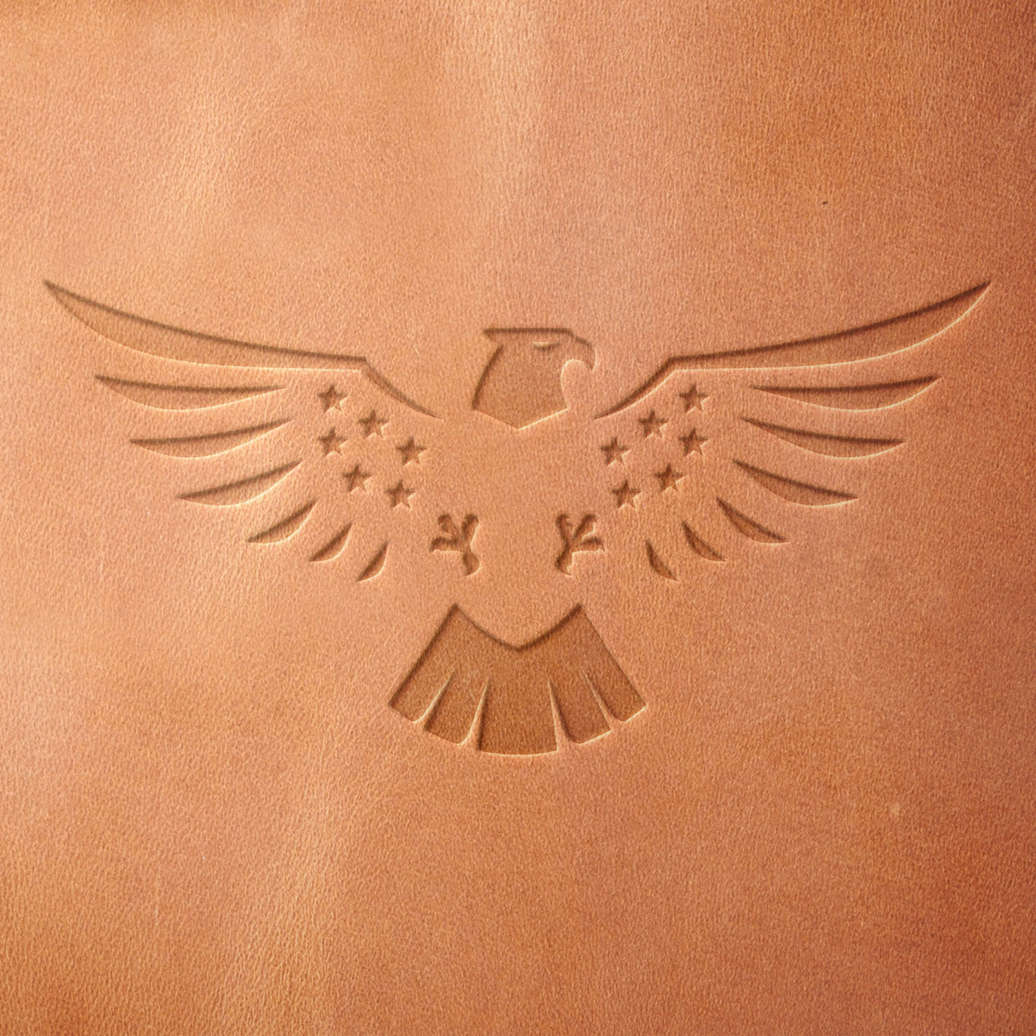 Leather sample showcasing a stamped patriotic eagle design using a delrin leather stamp, highlighting the spread wings, central eagle head, and prominent star details.