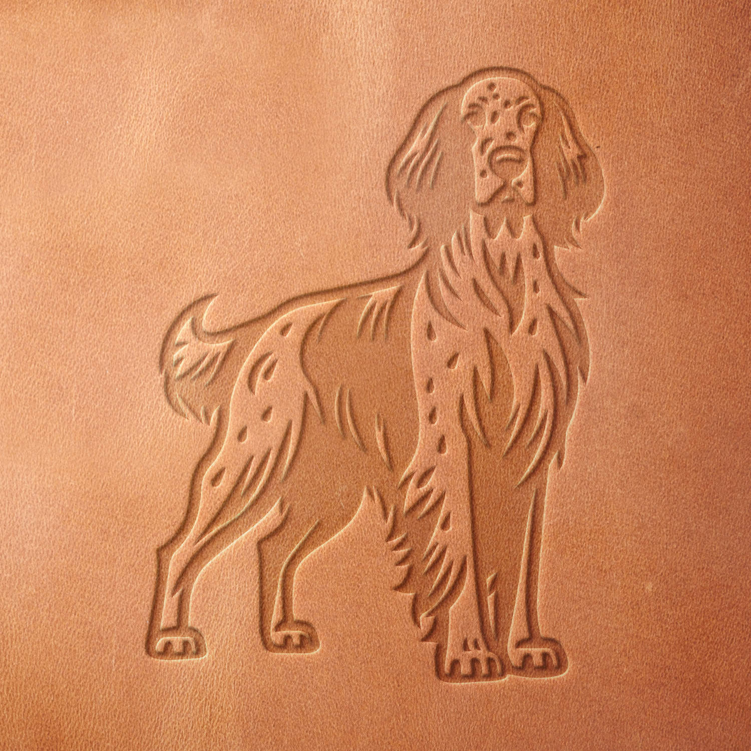 Leather sample showcasing a stamped setter dog design using a delrin leather stamp, highlighting the breed’s characteristic coat pattern and poised posture.