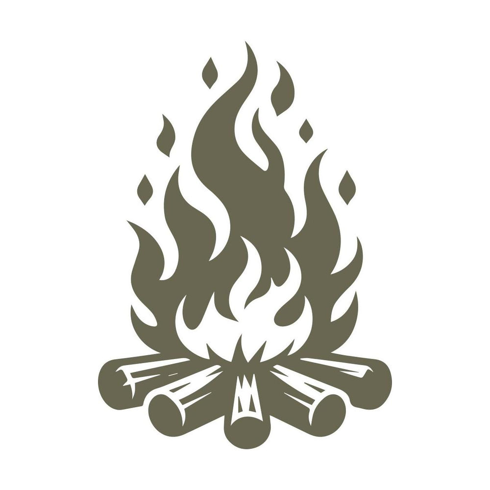 Stylized campfire design featuring flickering flames rising from a neatly stacked log base, evoking warmth and outdoor adventure.