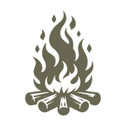 Stylized campfire design featuring flickering flames rising from a neatly stacked log base, evoking warmth and outdoor adventure.