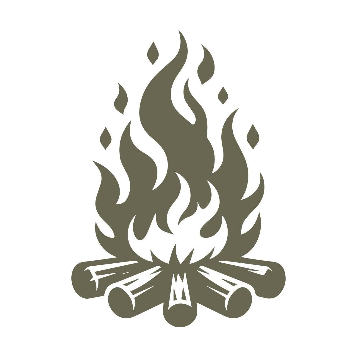 Stylized campfire design featuring flickering flames rising from a neatly stacked log base, evoking warmth and outdoor adventure.