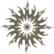 Tribal-style sun design featuring flame-like rays arranged in a circular, symmetrical pattern.