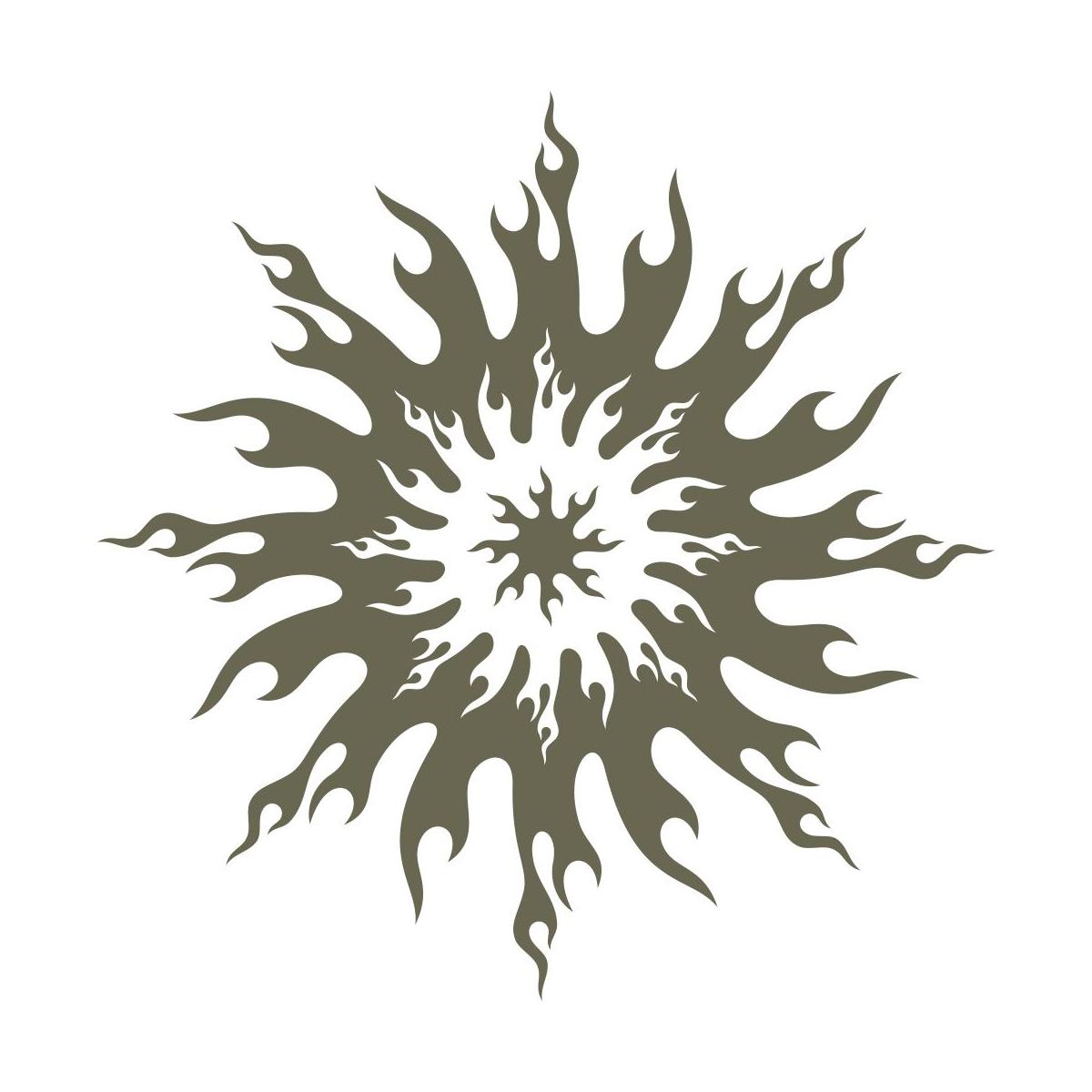 Tribal-style sun design featuring flame-like rays arranged in a circular, symmetrical pattern.