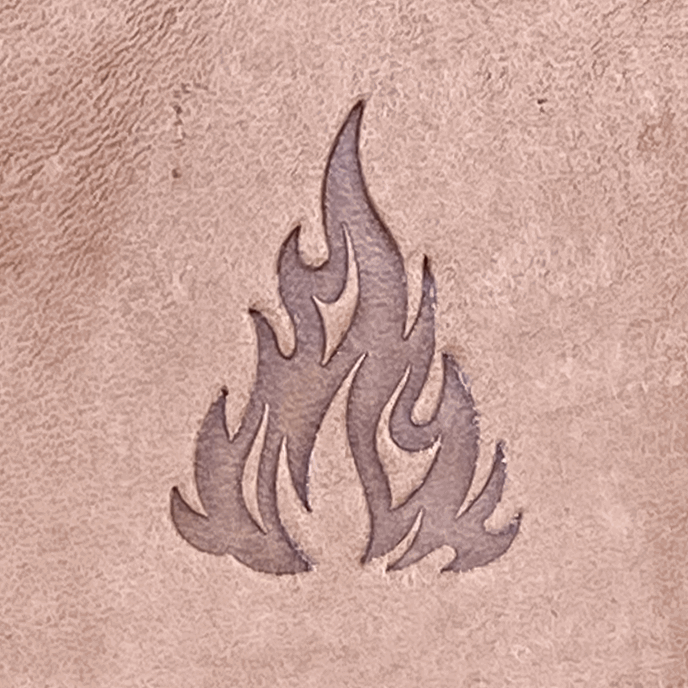 Leather product featuring an intricate flame design stamped with a Delrin tool, perfect for creating fire and heat-themed leather crafts