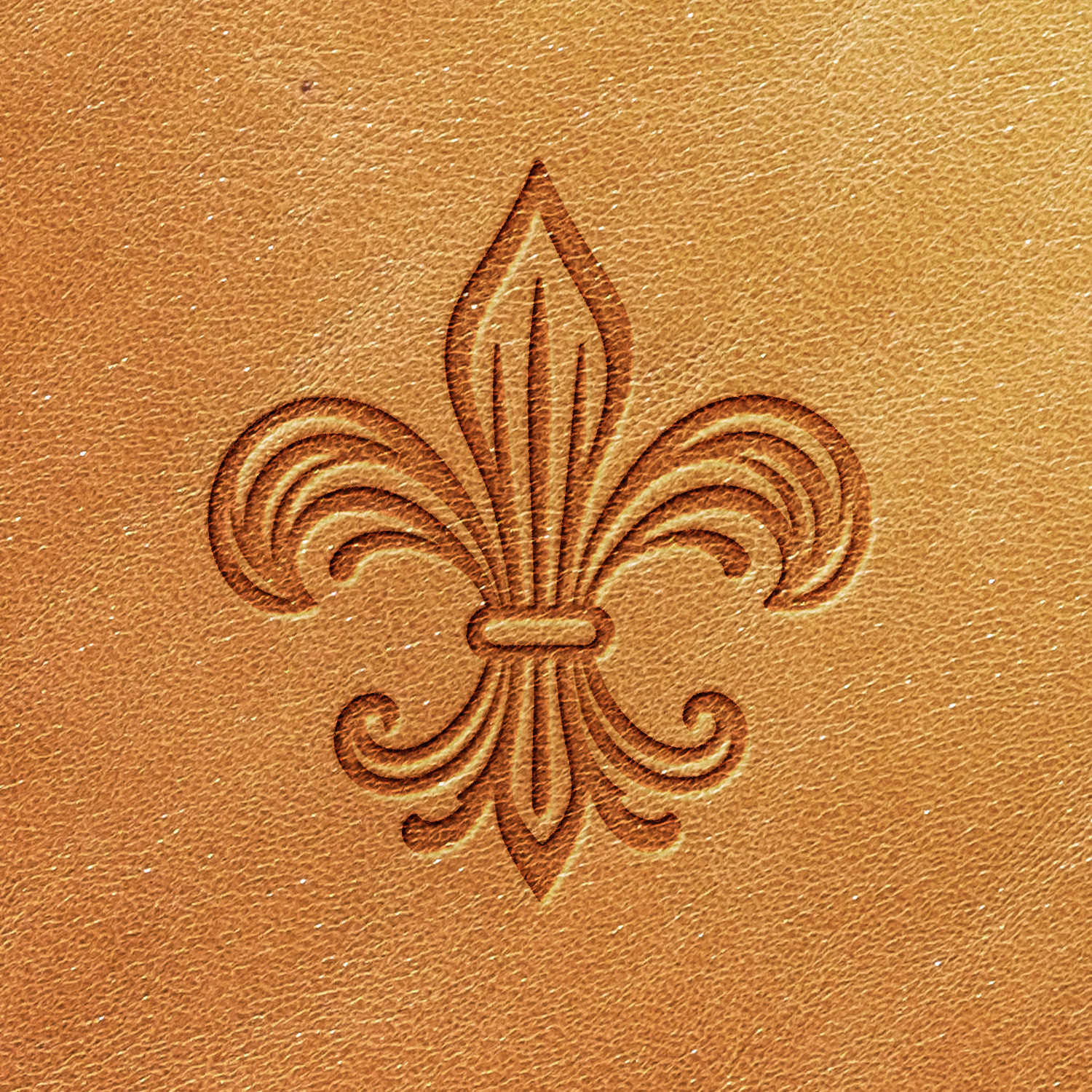 The Fleur De Lis Delrin Leather Stamp creates an embossed fleur-de-lis design on a textured surface resembling tan leather. The symmetrical emblem features three petals bound together near the base, reflecting a historic symbol often associated with French royalty and design.