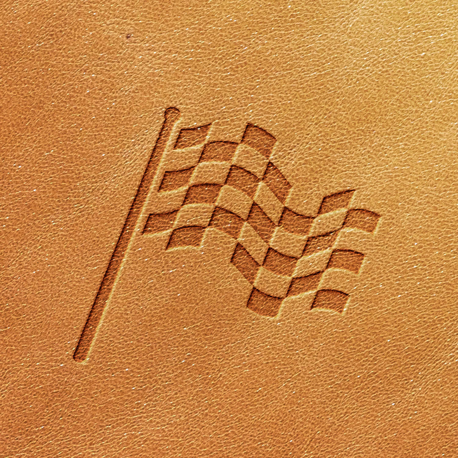 Finish Flag Delrin Leather Stamp featuring a tan leather surface embossed with a checkered flag design, consisting of alternating light and dark squares on a waving flagpole.