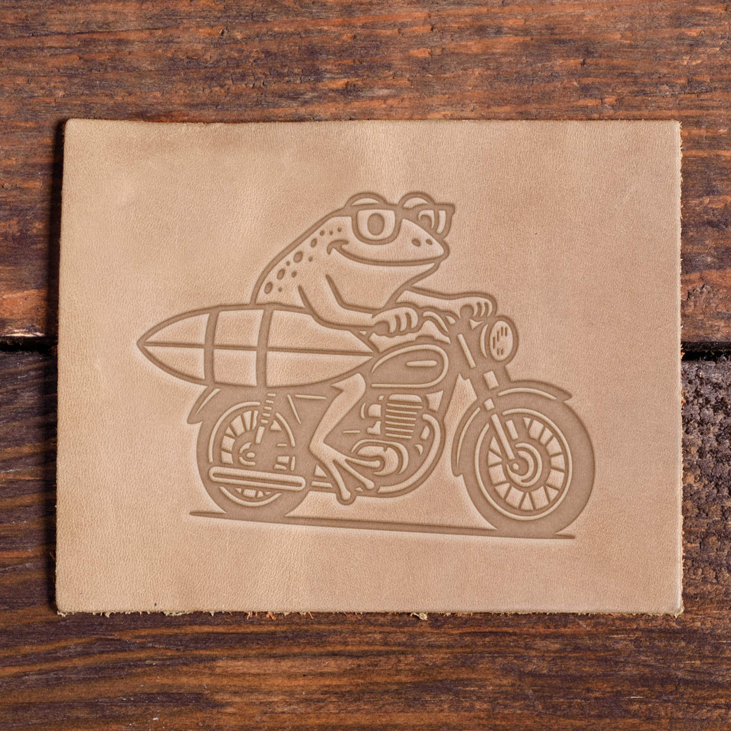 Frog on Motorcycle with Surfboard Delrin Leather Stamp