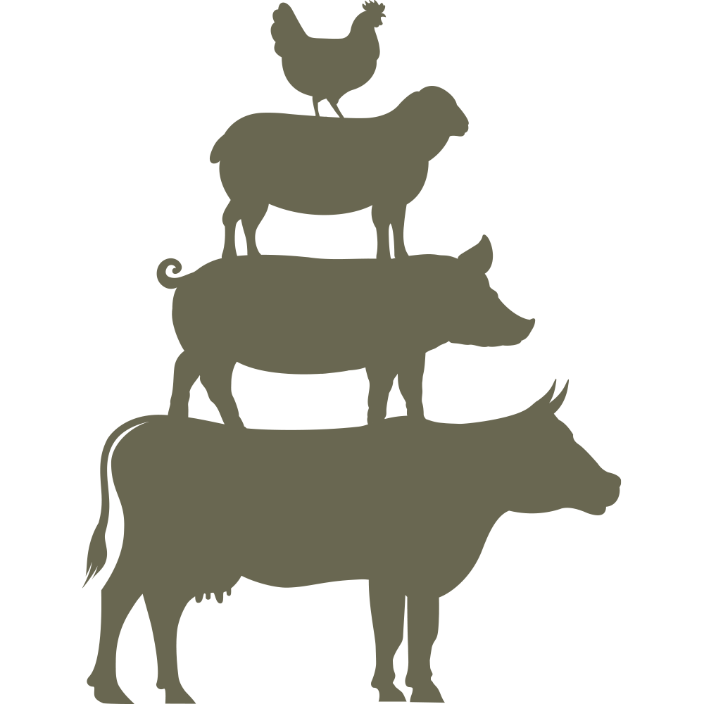 Stacked farm animal silhouettes featuring a cow, pig, sheep, and chicken, symbolizing rural life and agriculture.