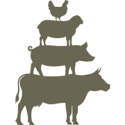 Stacked farm animal silhouettes featuring a cow, pig, sheep, and chicken, symbolizing rural life and agriculture.