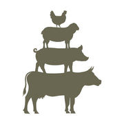 Stacked farm animal silhouettes featuring a cow, pig, sheep, and chicken, symbolizing rural life and agriculture.