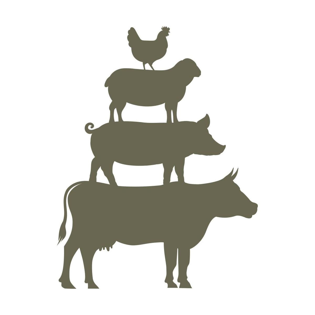Stacked farm animal silhouettes featuring a cow, pig, sheep, and chicken, symbolizing rural life and agriculture.