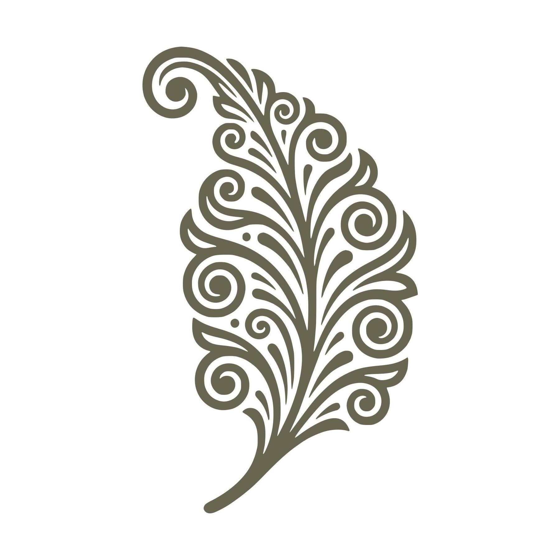 Paisley feather Delrin leather stamp featuring an ornate scrollwork feather design for decorative, boho, western, and botanical-inspired leather projects.