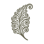 Paisley feather Delrin leather stamp featuring an ornate scrollwork feather design for decorative, boho, western, and botanical-inspired leather projects.