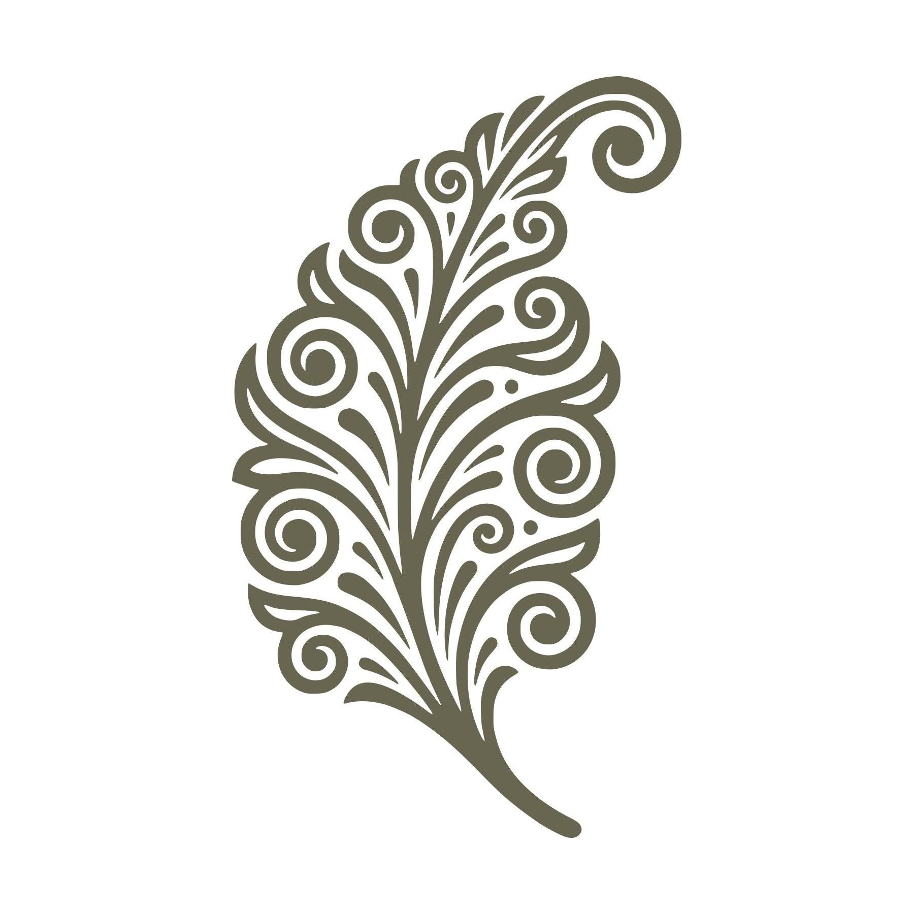 Paisley feather Delrin leather stamp featuring an ornate scrollwork feather design for decorative, boho, western, and botanical-inspired leather projects.