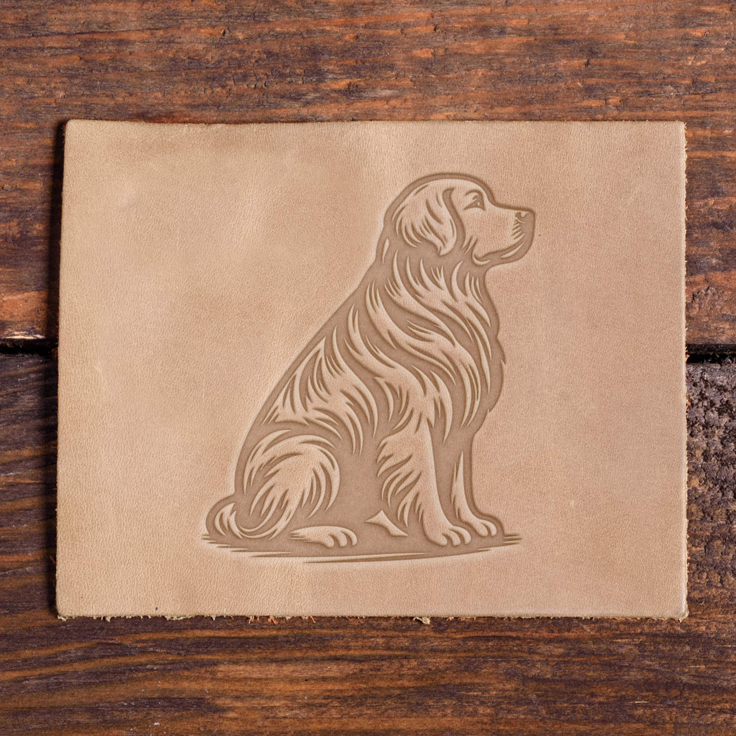 Leather stamped image of a sitting golden retriever dog using a Delrin stamp.