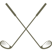 Minimalist design featuring two crossed golf clubs with stylized club heads and simple grips.