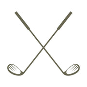 Minimalist design featuring two crossed golf clubs with stylized club heads and simple grips.