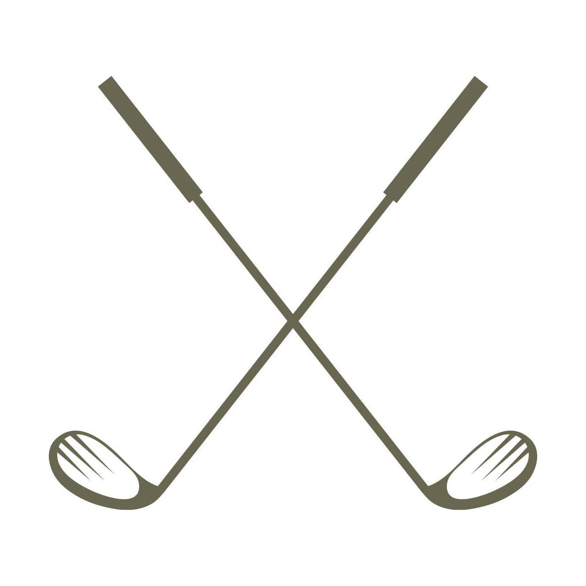 Minimalist design featuring two crossed golf clubs with stylized club heads and simple grips.