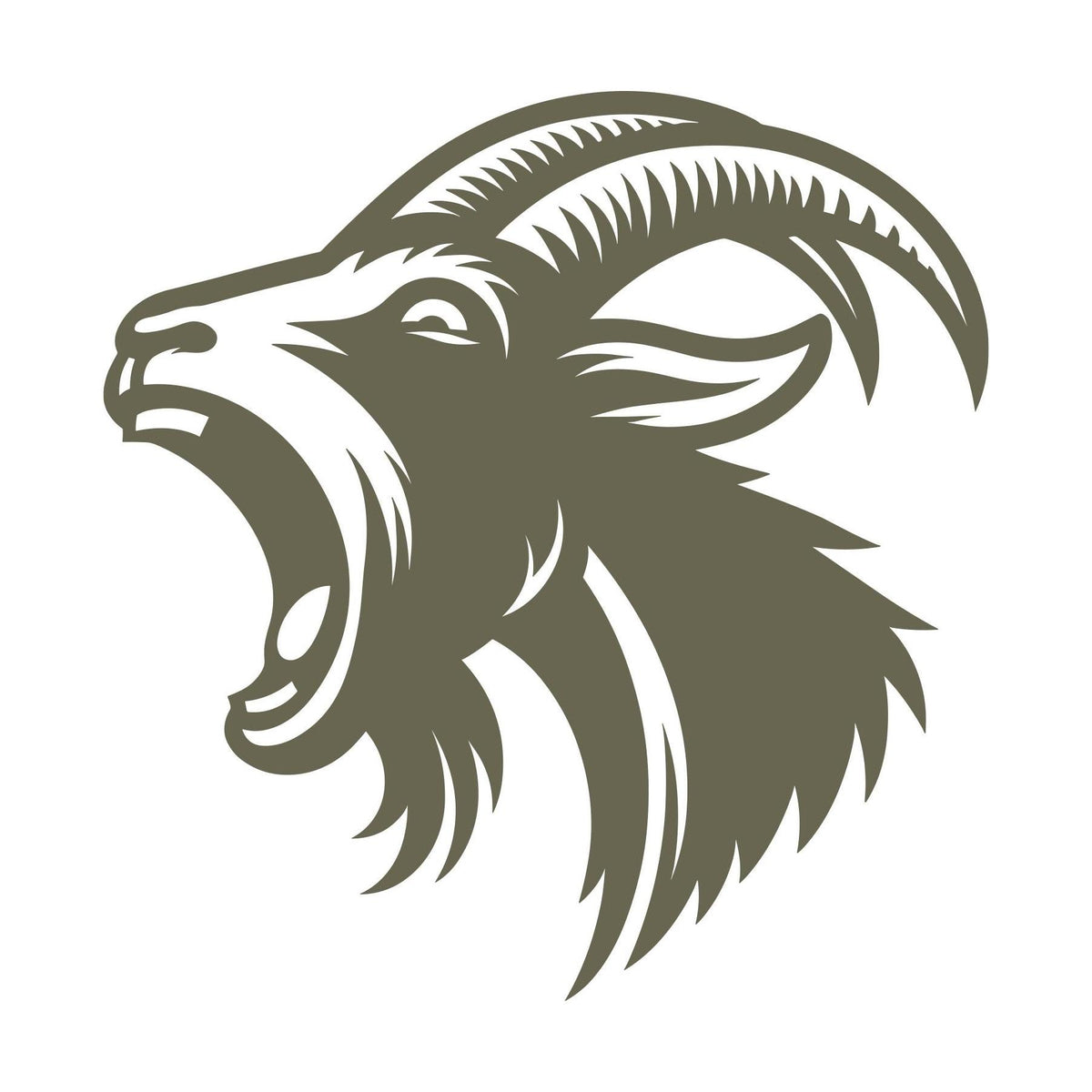 Delrin leather stamp design featuring a roaring mountain goat with curved horns and bold detail.