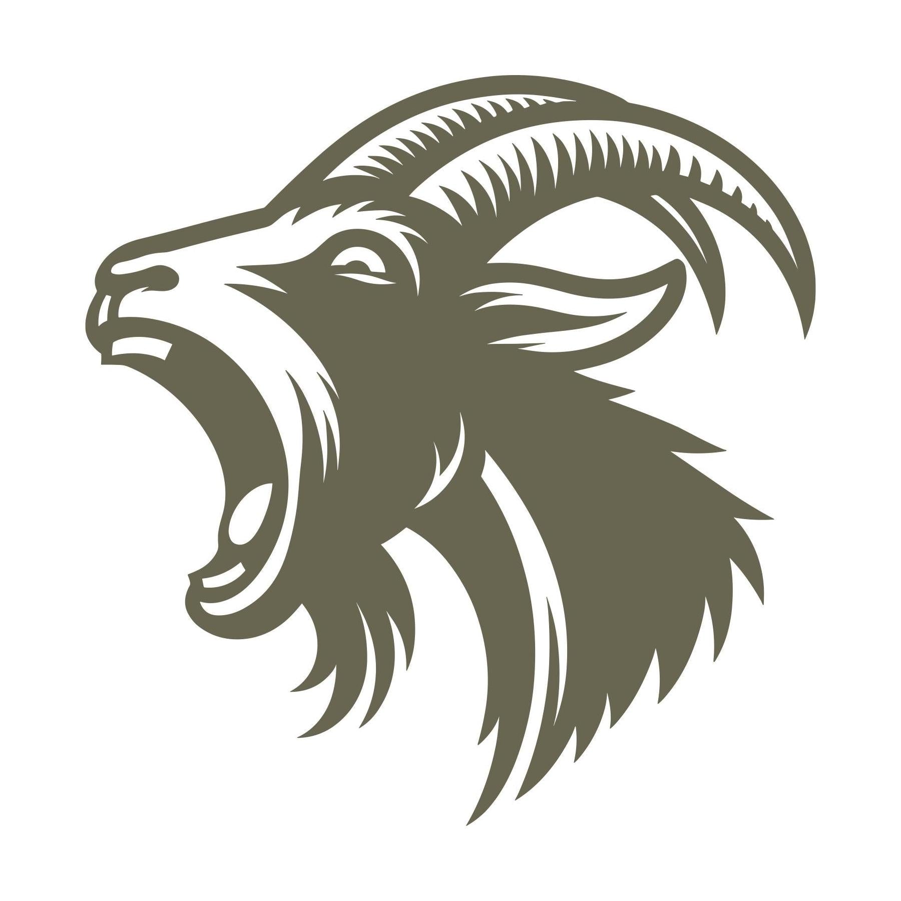 Delrin leather stamp design featuring a roaring mountain goat with curved horns and bold detail.