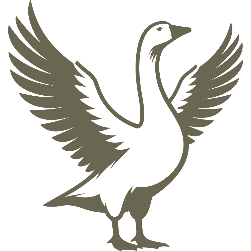 Stylized goose with wings spread wide, standing tall with elegant feather details.