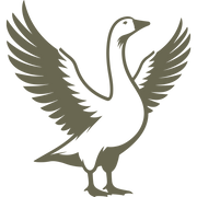 Stylized goose with wings spread wide, standing tall with elegant feather details.