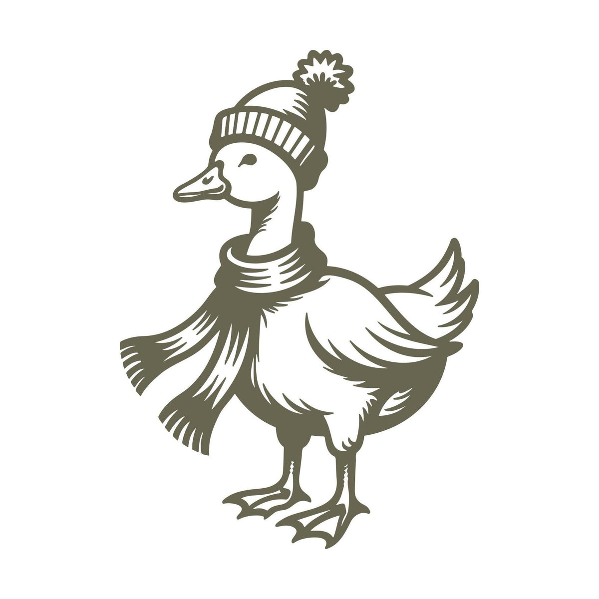 Delrin leather stamp design of a duck wearing a winter hat and scarf, combining cozy charm with playful detail.