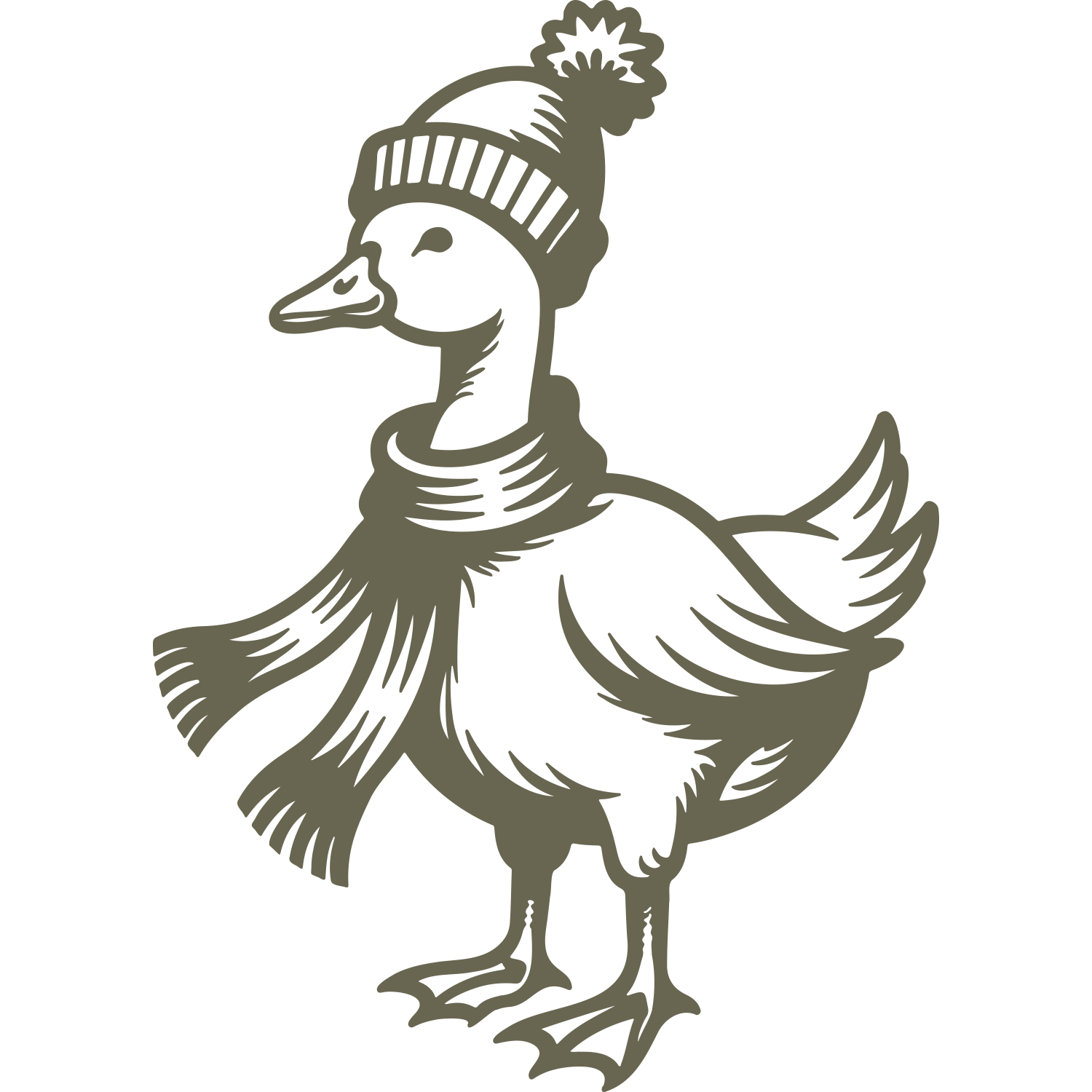 Delrin leather stamp design of a duck wearing a winter hat and scarf, combining cozy charm with playful detail.