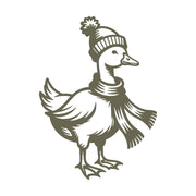 Delrin leather stamp design of a duck wearing a winter hat and scarf, combining cozy charm with playful detail.