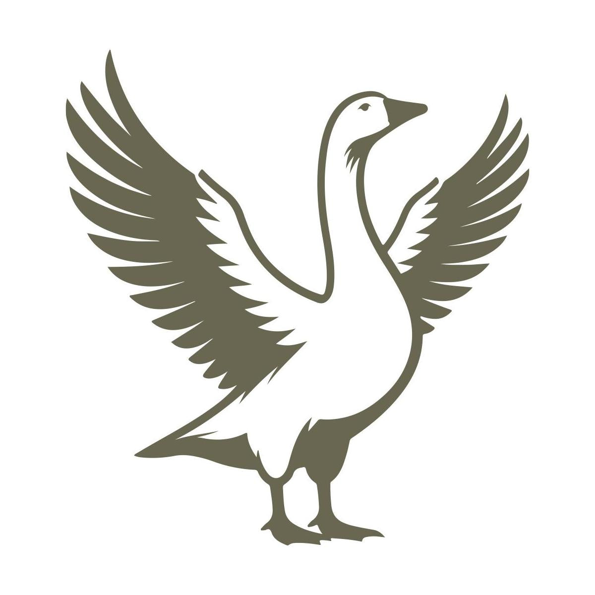 Stylized goose with wings spread wide, standing tall with elegant feather details.