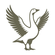 Stylized goose with wings spread wide, standing tall with elegant feather details.