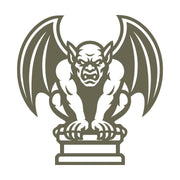 Delrin leather stamp design of a detailed gargoyle perched on a pedestal with spread wings and a fierce expression.