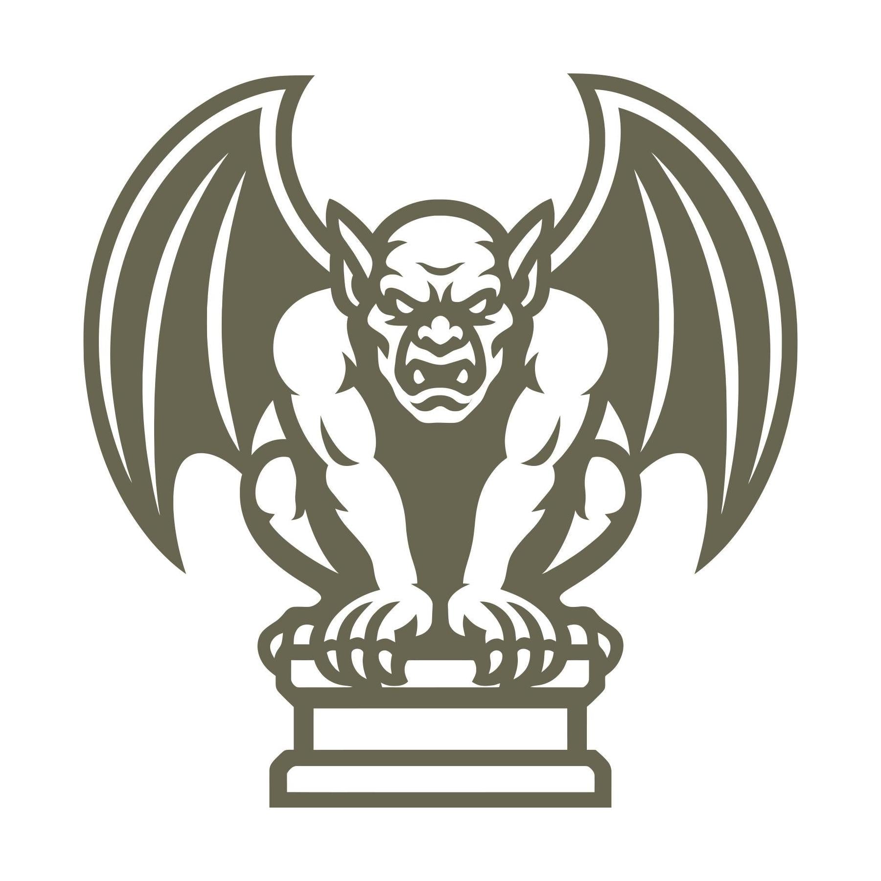 Delrin leather stamp design of a detailed gargoyle perched on a pedestal with spread wings and a fierce expression.