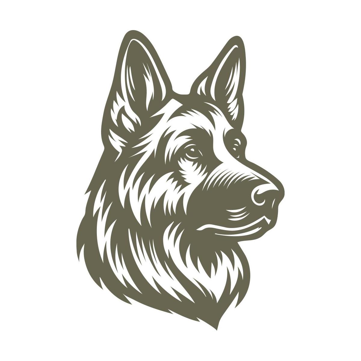 Detailed German Shepherd head design featuring upright ears, focused expression, and textured fur—made for a Delrin leather stamp ideal for dog lovers and working dog projects.