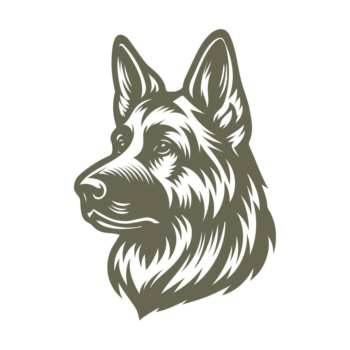 Detailed German Shepherd head design featuring upright ears, focused expression, and textured fur—made for a Delrin leather stamp ideal for dog lovers and working dog projects.