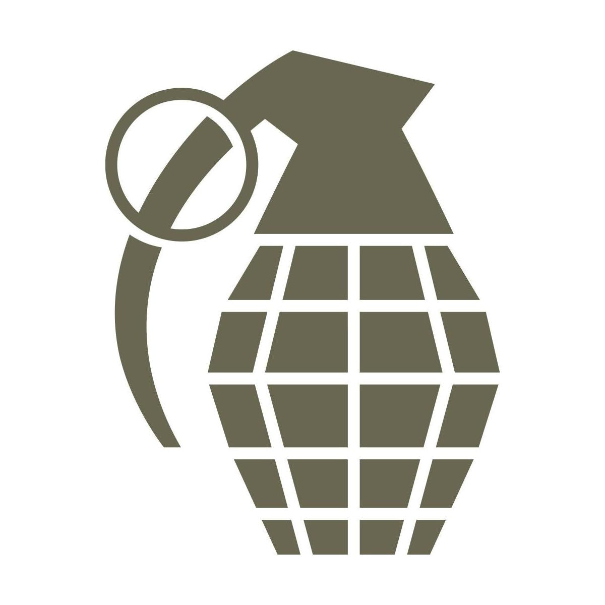 Minimalist grenade design featuring a segmented body and prominent pull ring in a clean, stylized shape.