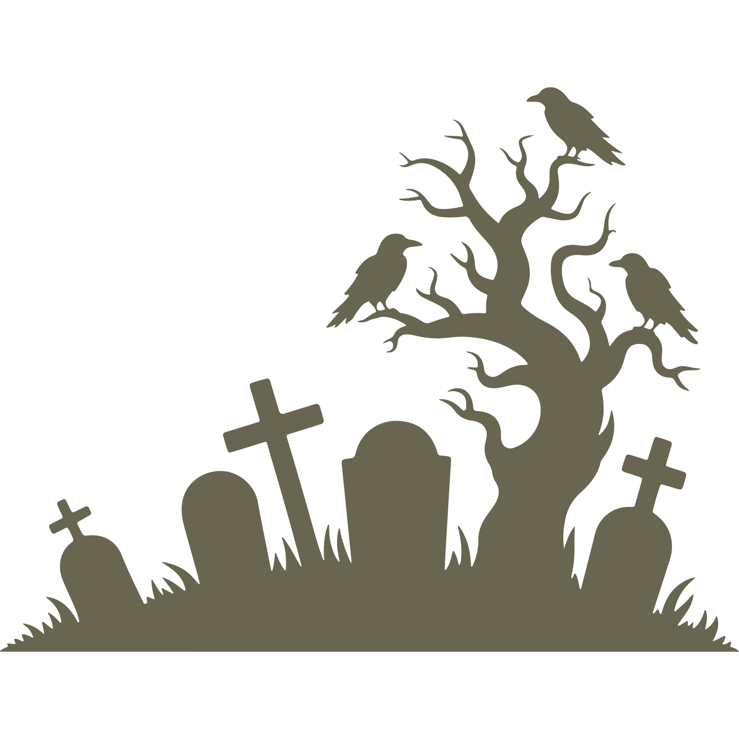 Delrin leather stamp design of a spooky graveyard scene with a gnarled tree, perched crows, and leaning gravestones—perfect for Halloween-themed leather projects.