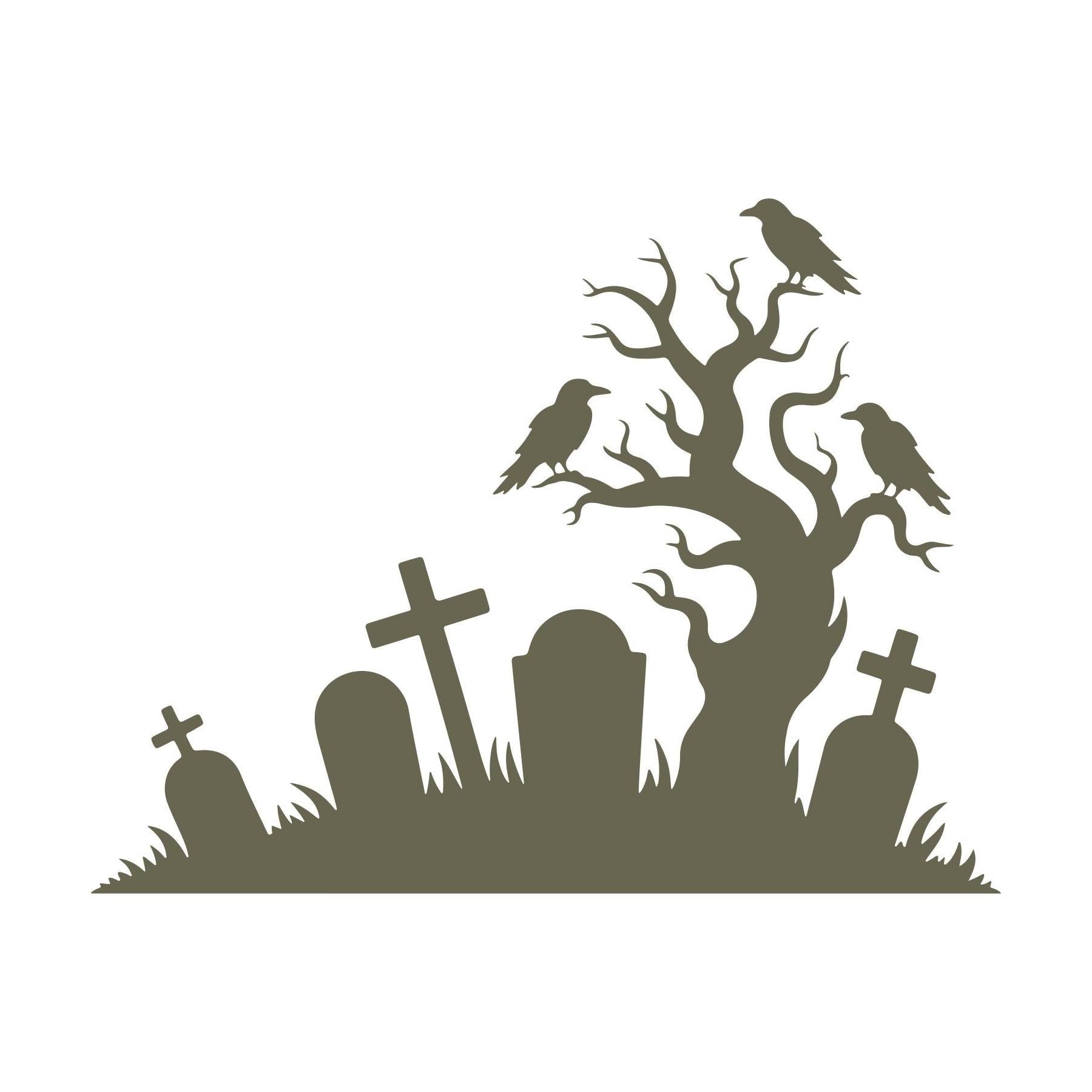Delrin leather stamp design of a spooky graveyard scene with a gnarled tree, perched crows, and leaning gravestones—perfect for Halloween-themed leather projects.