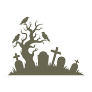 Delrin leather stamp design of a spooky graveyard scene with a gnarled tree, perched crows, and leaning gravestones—perfect for Halloween-themed leather projects.