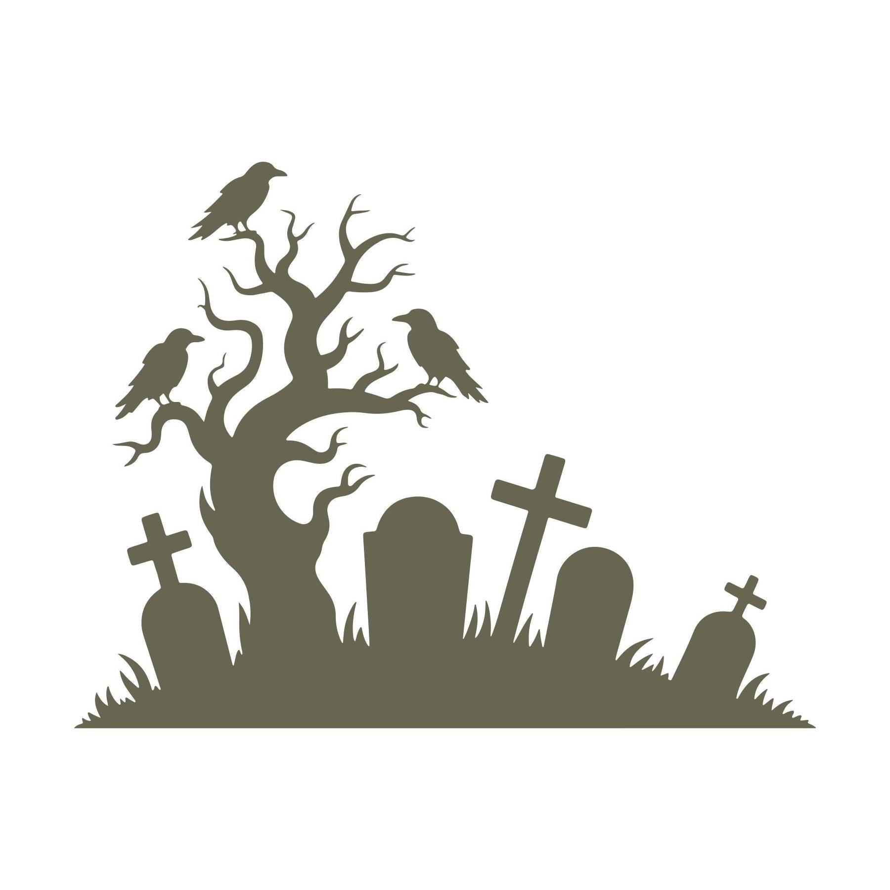 Delrin leather stamp design of a spooky graveyard scene with a gnarled tree, perched crows, and leaning gravestones—perfect for Halloween-themed leather projects.