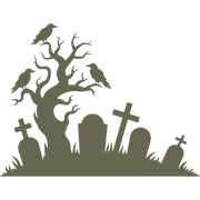 Delrin leather stamp design of a spooky graveyard scene with a gnarled tree, perched crows, and leaning gravestones—perfect for Halloween-themed leather projects.