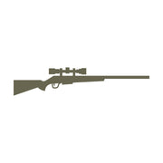 Delrin leather stamp design featuring a scoped hunting rifle in a clean, minimal silhouette.