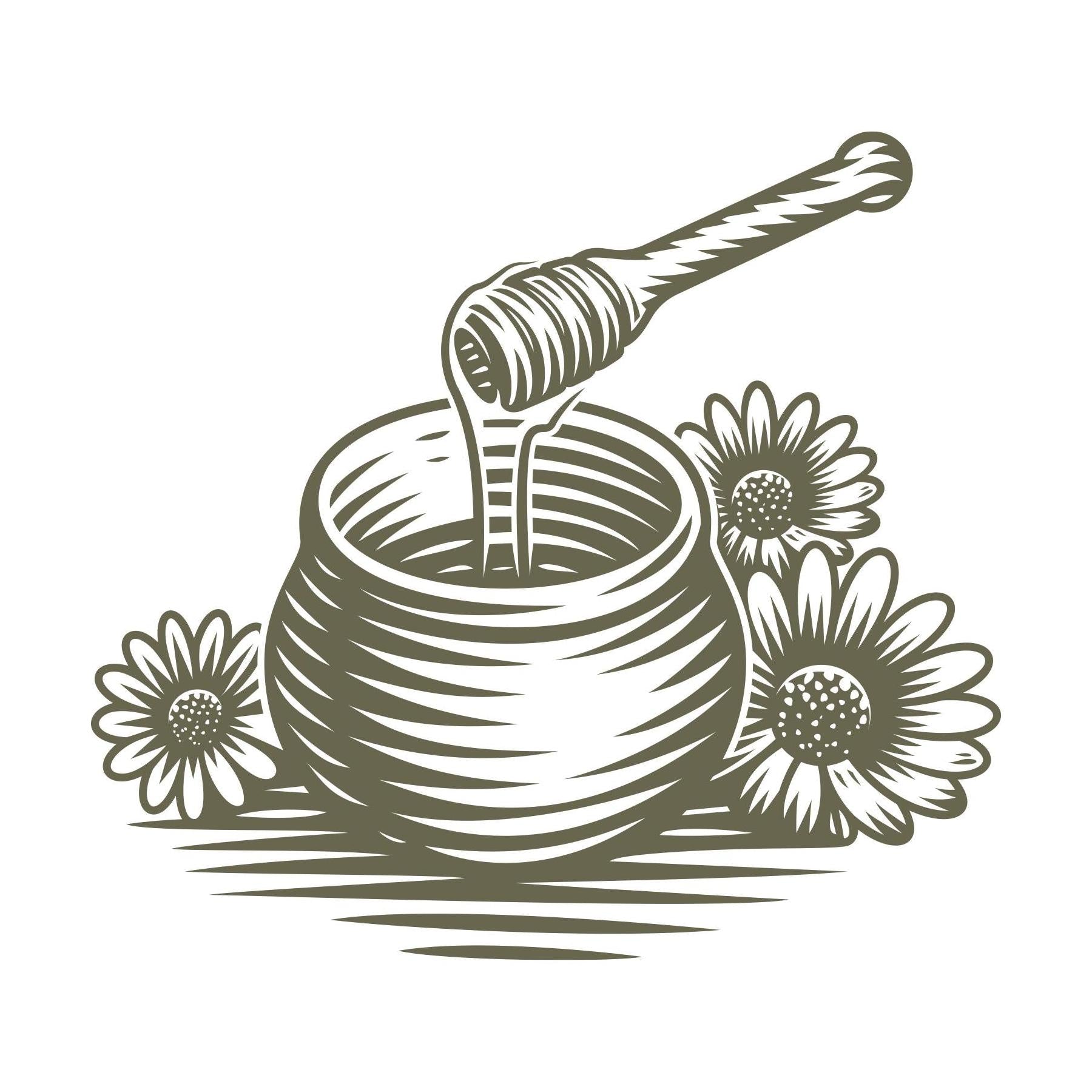 Honey dipper drizzling into a jar with flowers, illustrated in a rustic, woodcut style