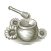 Honey dipper drizzling into a jar with flowers, illustrated in a rustic, woodcut style