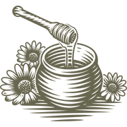 Honey dipper drizzling into a jar with flowers, illustrated in a rustic, woodcut style