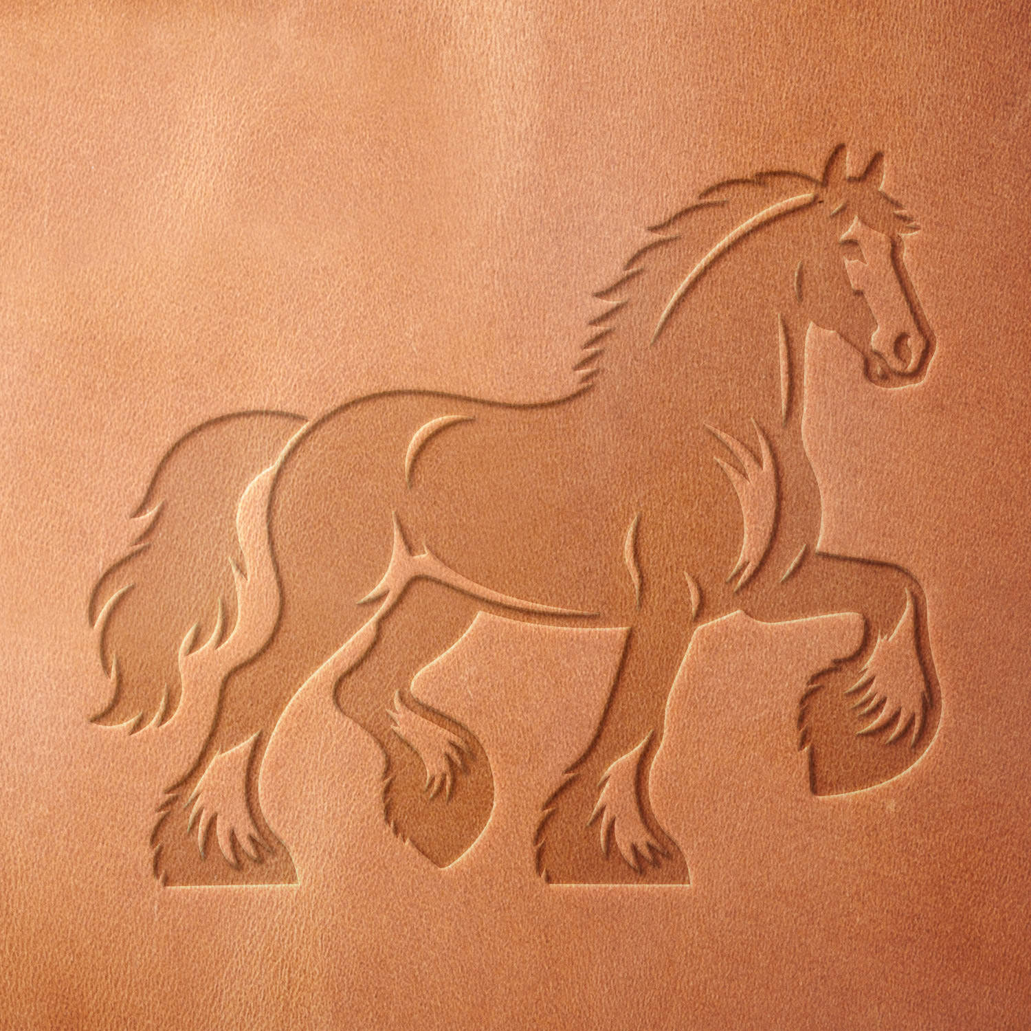 Leather sample showcasing a stamped Clydesdale horse design using a delrin leather stamp, emphasizing the horse’s powerful stance, detailed mane, and feathered legs.