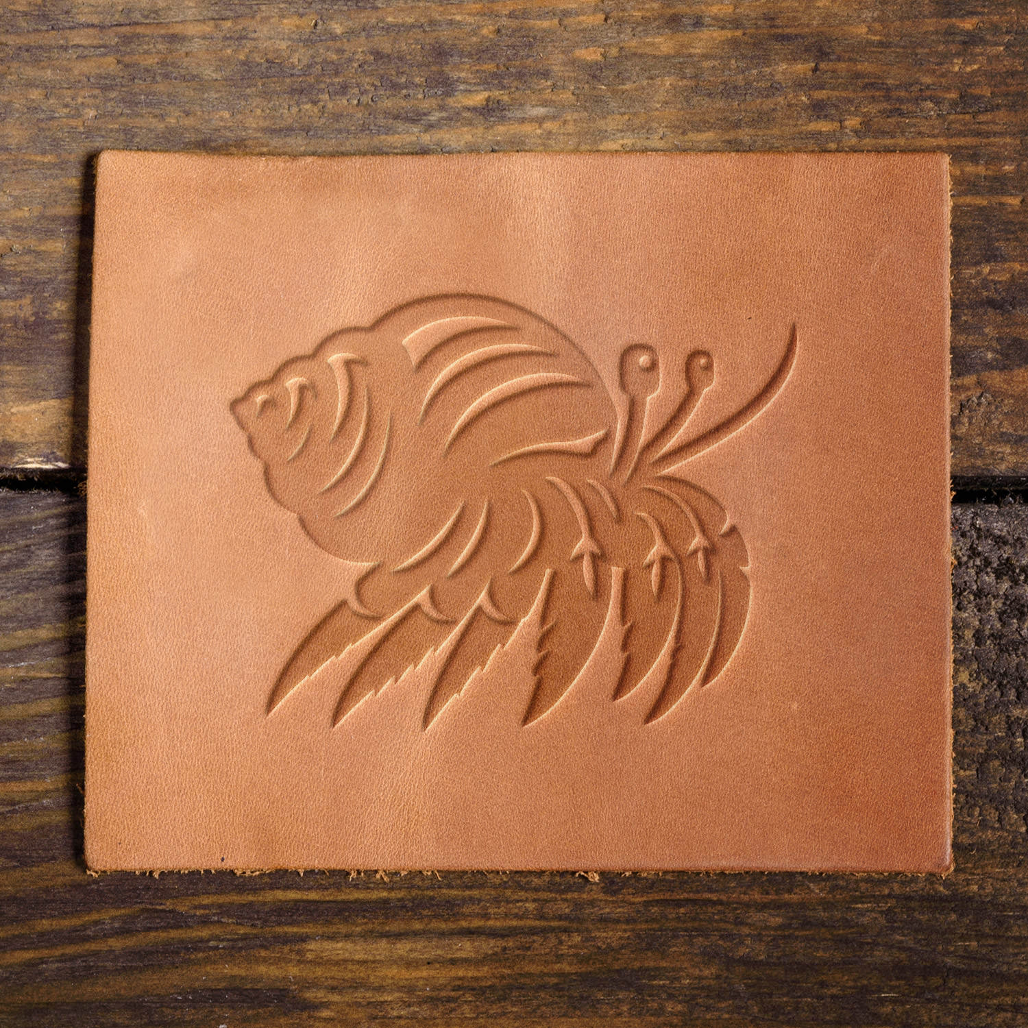 Leather sample featuring a stamped hermit crab design, adding a coastal touch to leather projects.