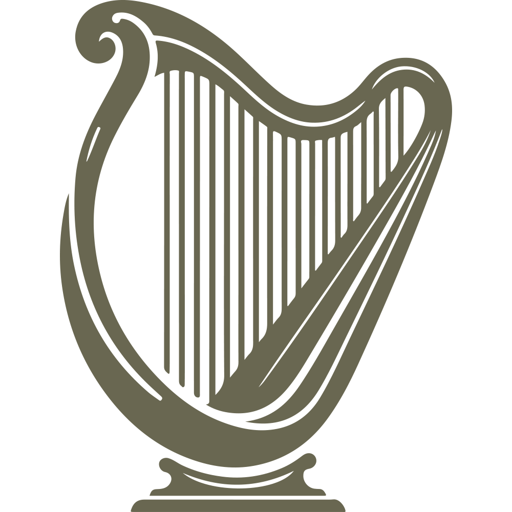 Elegant harp design with curved frame and fine strings, symbolizing music and tradition.