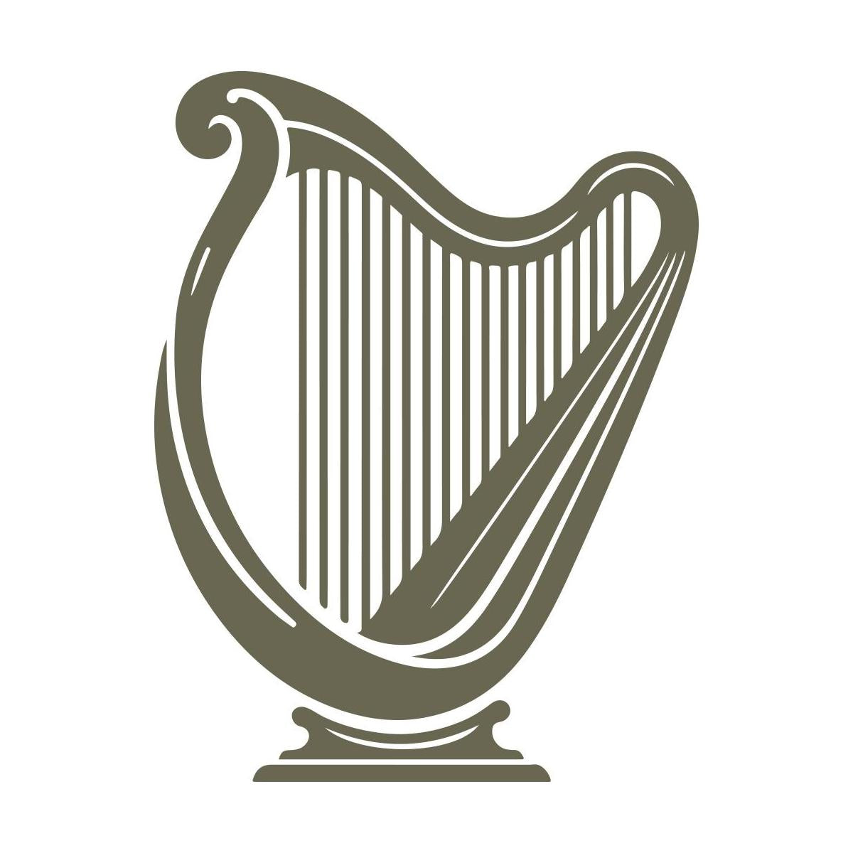 Elegant harp design with curved frame and fine strings, symbolizing music and tradition.